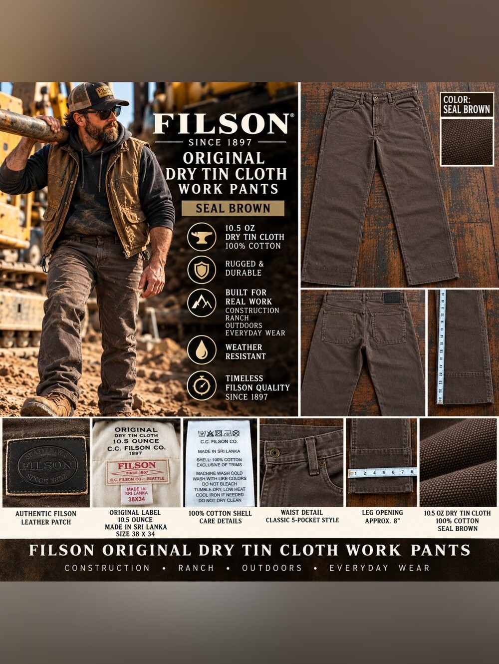 Filson Original Dry Tin Cloth Work Pants 38x34 Seal Brown 10.5 oz Canvas